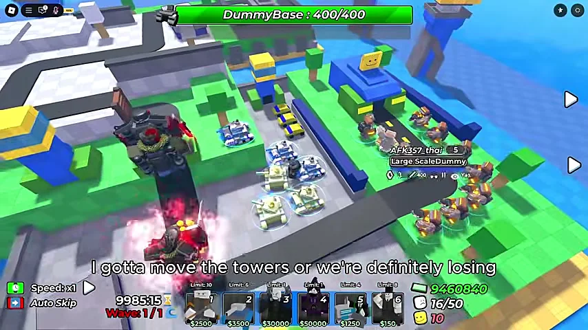 Dummy Base at 400/400 HP under siege on a green map, subtitle: I gotta move the towers or we're definitely losing