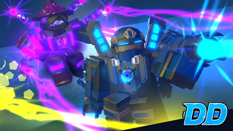 A giant mechanical warrior trading energy beams with a ninja-clad figure